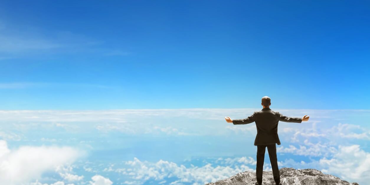 Business man looking on top mountain 3d illustration